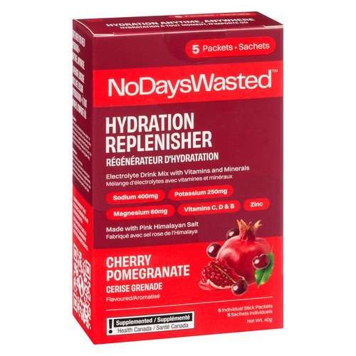 No Days Wasted Electrolyte Drink Mix Hydration Replenisher Cherry Pomegranate 5 x 8 g