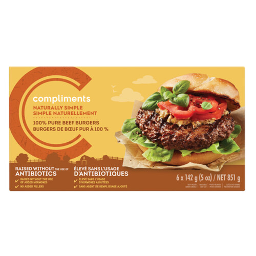 Compliments Naturally Simple Frozen 100% Pure Beef Burgers Raised Without Antibiotics 851 g