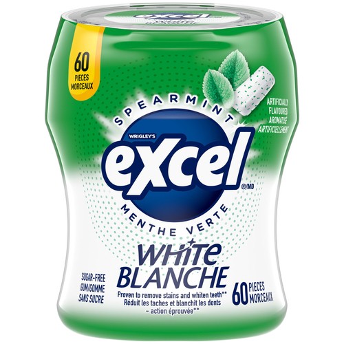 Excel Sugar Free Teeth Whitening Chewing Gum White Spearmint Flavoured Bottle of 60 Pieces 1 EA