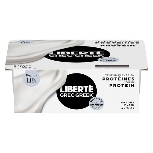 Liberté No Sugar Added 0% Greek Yogurt Plain High Protein Plain 4 x 100 g
