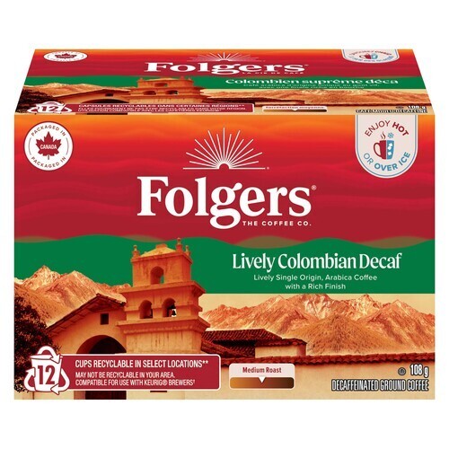 Folgers Decaffeinated Coffee Lively Colombian Medium Roast 12 K-Cups 108 g