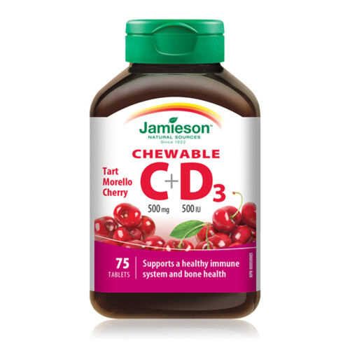 Jamieson Vitamins C + D3 Chewable Tablets Cherry 75 Count
