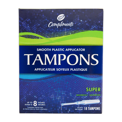 Compliments Smooth Plastic Applicator Tampons Super Unscented 18 Count