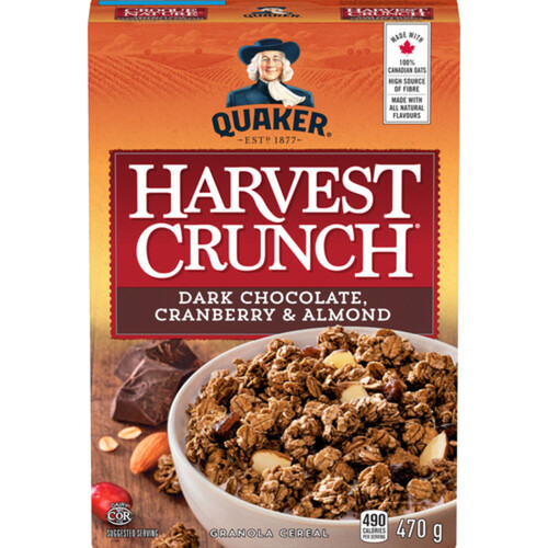 Quaker Harvest Crunch Granola Cereal Dark Chocolate Cranberry & Almond 470 g