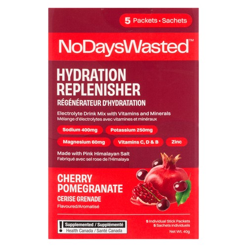 No Days Wasted Electrolyte Drink Mix Hydration Replenisher Cherry Pomegranate 5 x 8 g