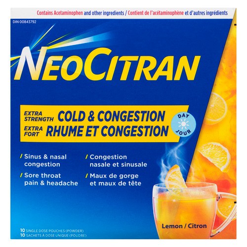 NeoCitran Cold & Congestion Powder Extra Strength Lemon Single Dose Pouches 10 Count