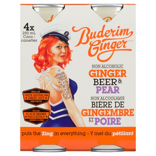 Buderim Ginger Non Alcoholic Ginger Beer & Pear 4 x 250 ml (cans)