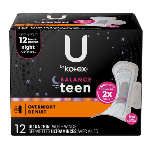 U by Kotex Teen Ultra Thin Pads Overnight With Wings 12 Count