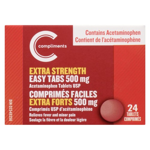Compliments Acetaminophen Tablets Extra Strength Easy Tabs 500 mg 24 Count