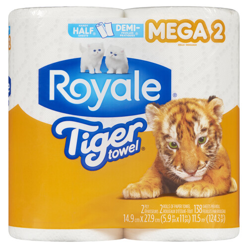 Royale Tiger Towel Paper Towels 2 Ply 138 Half Sheets Per Roll 2 Mega Rolls