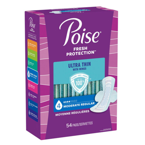 Poise Ultra Thin Moderate Absorption Pads Regular Length With Wings 54 Count