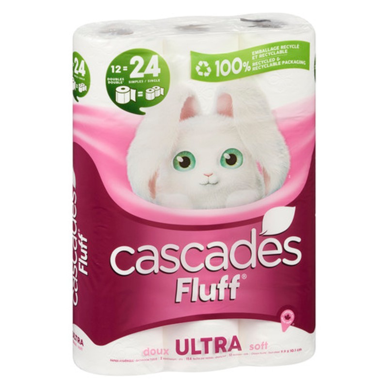 Cascades Toilet Paper Fluff Ultra Soft 2 Ply 12 Double Rolls x 154