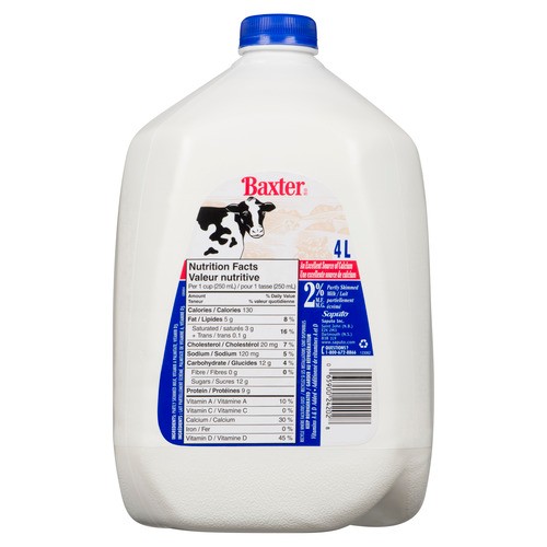 Baxter 2% Milk Partly Skimmed  Jug 4 L
