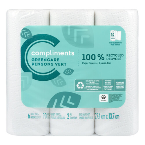 Compliments Paper Towels Green Care Half Size Sheets 90 x 6 Sheets Rolls