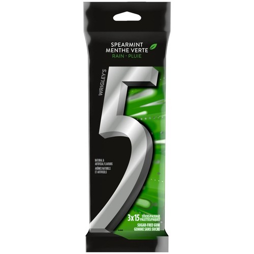 5 Gum Spearmint-Rain Sugar Free Chewing Gum 15 Sticks 3 Packs
