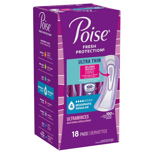 Poise Ultra Thin Pads Moderate Absorbency Regular 18 Count