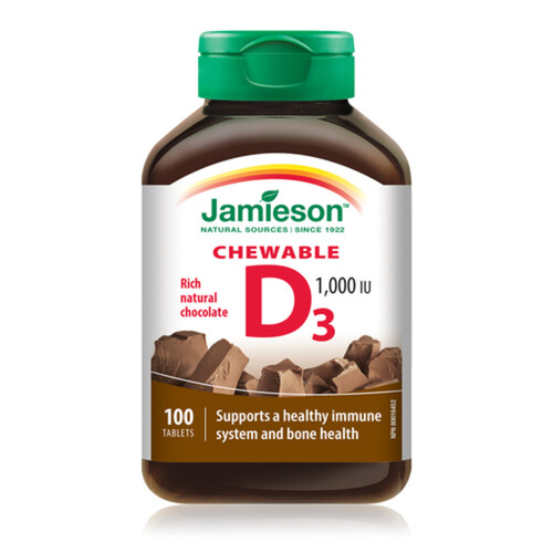 Jamieson Vitamin D3 Supplement 1000 IU Soft Chew Chocolate 100 Count