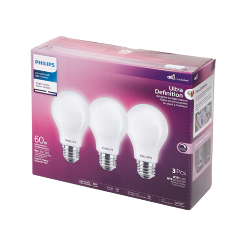 Philips Light Bulb LED 60W A19 Bright White 3 EA