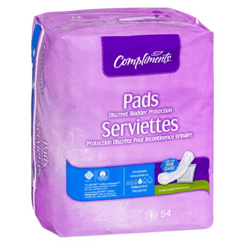 Compliments Discreet Bladder Protection Long Length Pads 54 Count