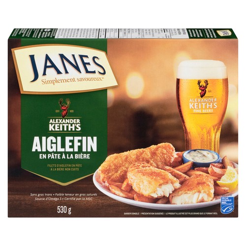 Janes Alexander Keith's Frozen Uncooked Haddock Fillets Beer Battered 530 g
