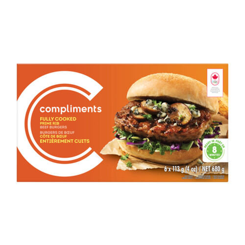 Compliments Frozen Fully Cooked Prime Rib Beef Burgers 6 Patties 680 g