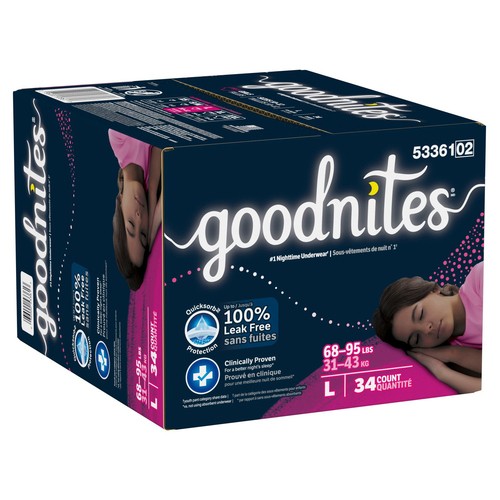 Goodnites Girls Nighttime Underwear Size L (68-95 lbs) 34 Count