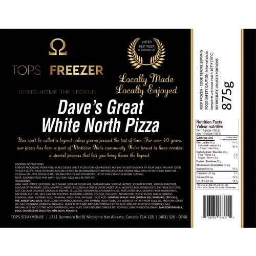 Tops Freezer Frozen Pizza Dave's Great White North 875 g