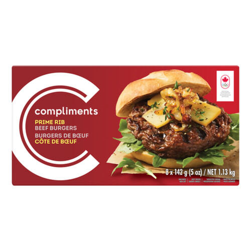 Compliments Frozen Prime Rib Beef Burgers 8 Patties 1.13 kg