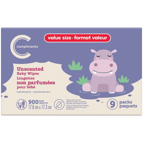 Compliments Baby Wipes Unscented Value Pack 900 Count