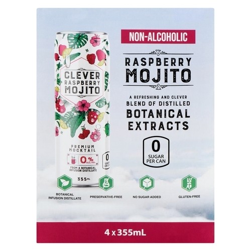Clever Non Alcoholic Mocktail Mojito Raspberry 4 x 355 ml (cans)