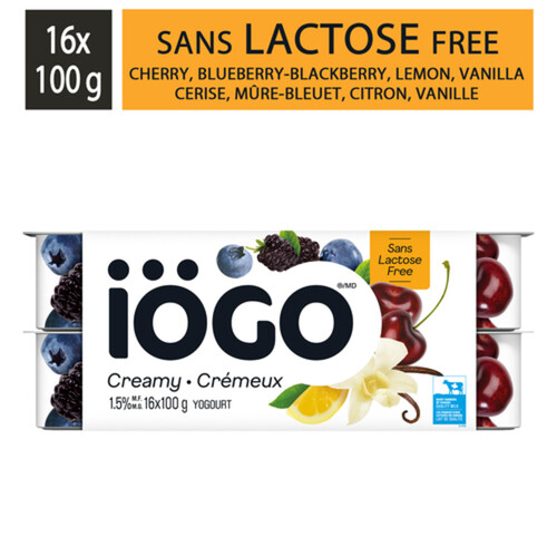 iÖGO Lactose-Free 1.5% Creamy Yogurt Cherry Lemon Vanilla Blackberry-Blueberry 16 x 100 g