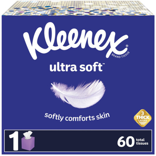 Kleenex Ultra Soft Facial Tissues 1 Cube Box 3-Ply 60 Total Tissues