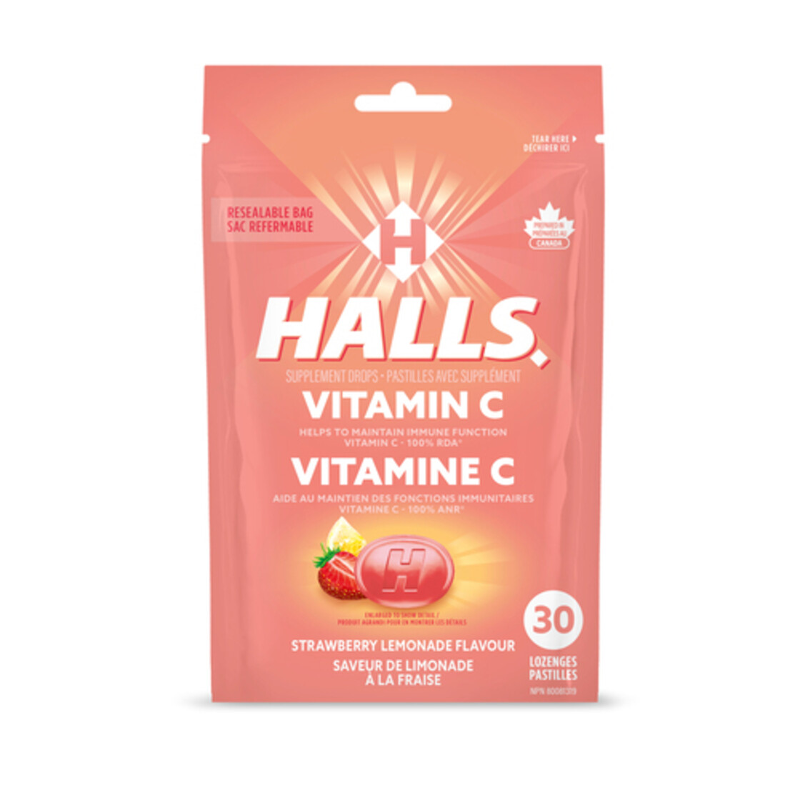 Halls Cough Drops Lozenges Vitamin C Strawberry Lemonade 30 Count