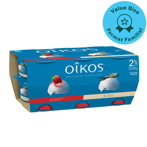 Oikos 2% Greek Yogurt Blended 6x Strawberry 6x Vanilla Value Size 12 x 100 g