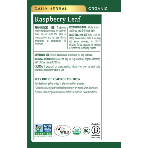 Traditional Medicinals Organic Herbal Tea Raspberry Leaf 16 Tea Bags