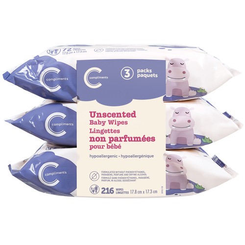 Compliments Baby Wipes Unscented 216 Count