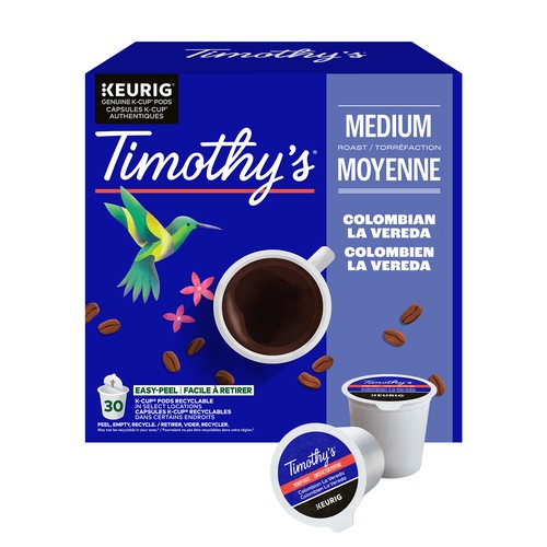 Timothy's Coffee Pods Colombian La Vereda Medium Roast K-Cups 30 Count