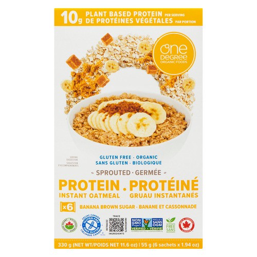 One Degree Organic Foods Protein Instant Oatmeal Banana Brown Sugar Sprouted 6 x 55 g (330 g)