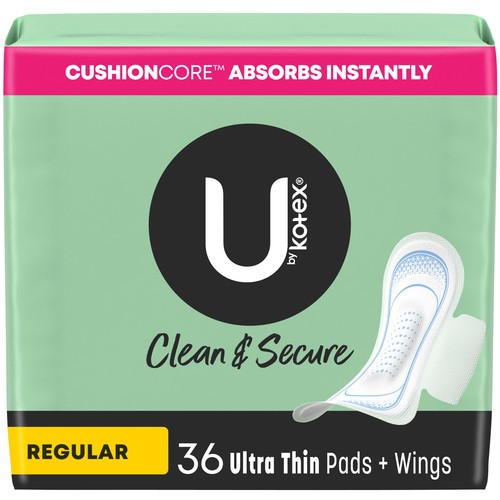 U by Kotex Clean & Secure Ultra Thin Pads Regular With Wings 36 Count
