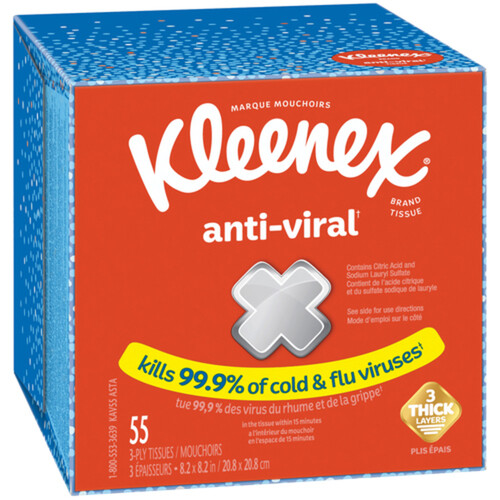 Kleenex Anti-Viral Facial Tissue 3-Ply 1 Cube Box x 55 Sheets
