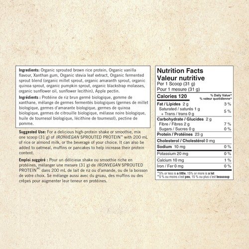 Iron Vegan Organic Sprouted Protein Drink Mix French Vanilla 1 kg