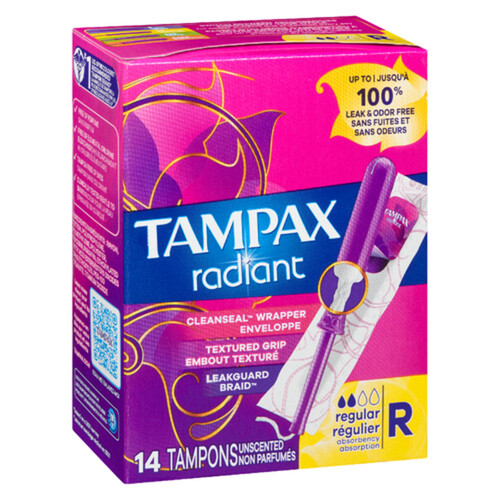 Tampax Radiant Tampons Regular Unscented 14 Count