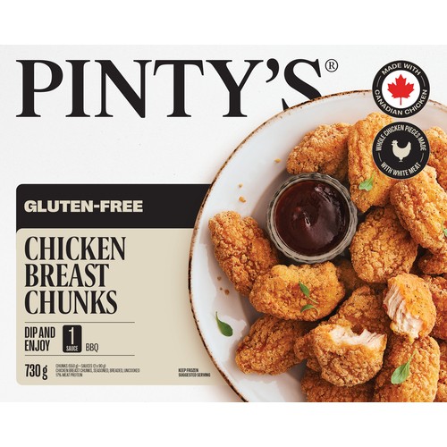 Pintys  Breast Chunks, Seasoned, Breaded, Uncooked, 17% Meat Protein Chicken 730 g