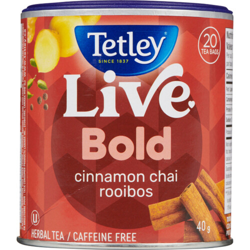 Tetley Caffeine-Free Herbal Tea Live Bold Cinnamon Chai Roobios 40 g