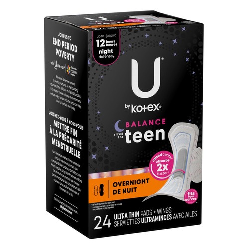 U by Kotex Teen Ultra Thin Overnight Pads With Wings 24 Count