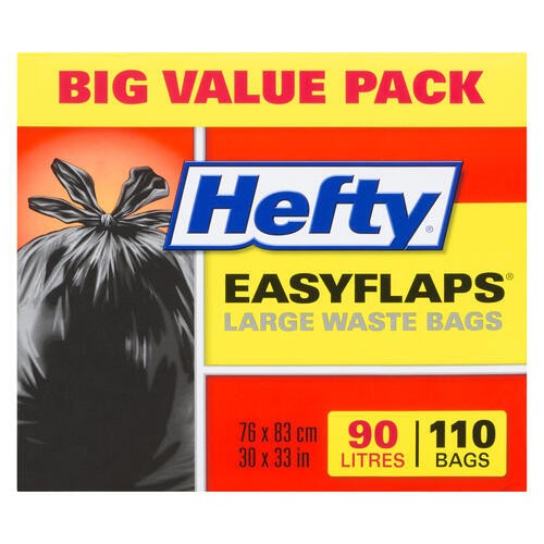 Hefty Easy Flap Waste Bags Black 90L Large 110 Count