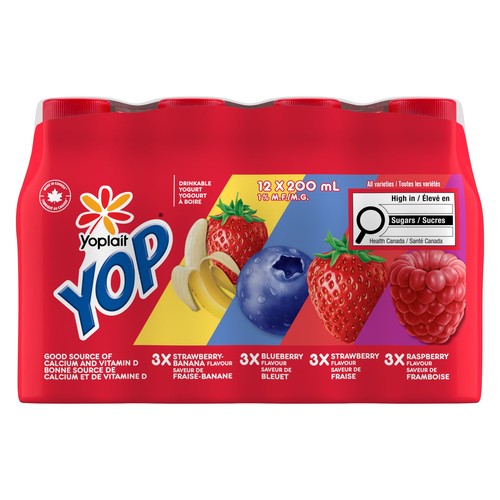 Yoplait Yop 1% Drinkable Yogurt Strawberry Blueberry Raspberry and Strawberry Banana 12 x 200 ml