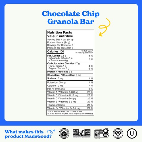 MadeGood Organic Granola Bars Chocolate Chip 15 x 24 g