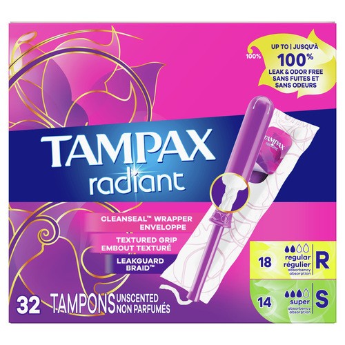 Tampax Radiant Tampons Regular/Super Unscented 32 Count 