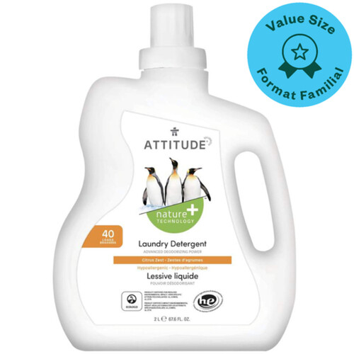 Attitude Nature + Laundry Detergent Citrus Zest Value Size 40 loads 2 L